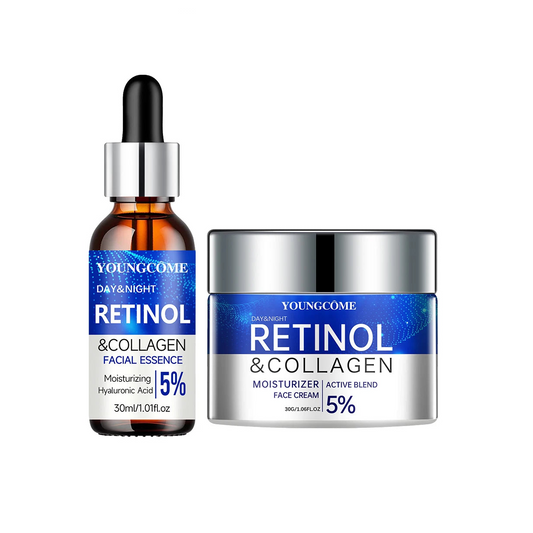 Conjunto combinado de creme e sérum com retinol que retém a umidade, repara a pele, suaviza as rugas e aumenta a elasticidade para uma pele mais jovem e saudável.